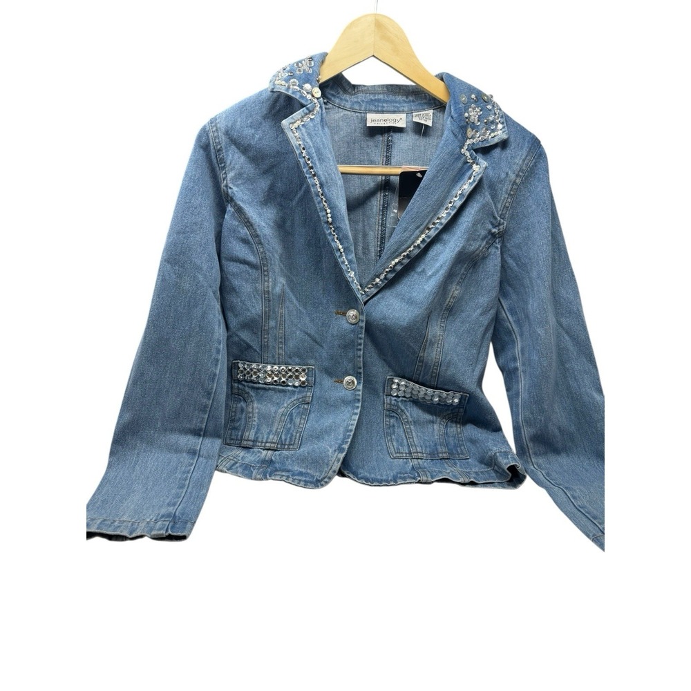 Jeanology Blue Denim Rhinestone Embellished Blazer Jacket cowgirl festival boho - Picture 5 of 10